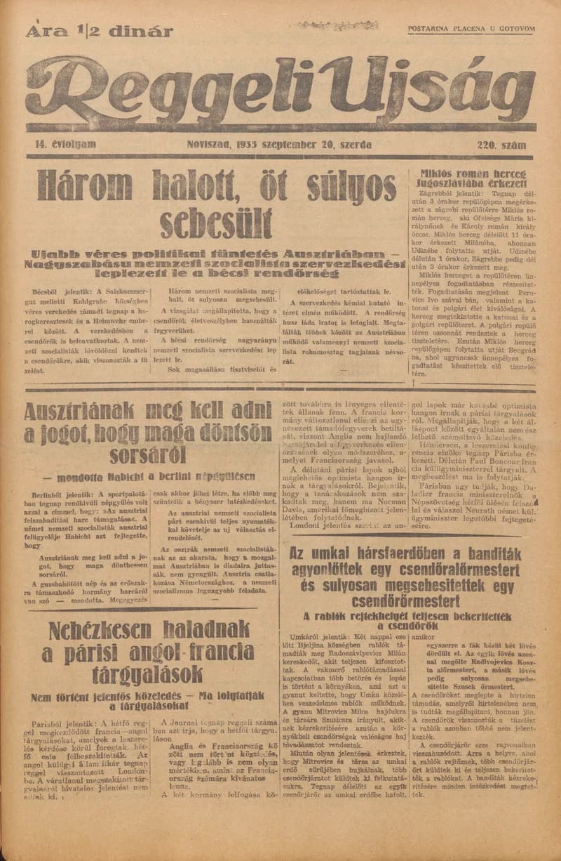 Reggeli Újság, 14. évf. 1933. szeptember 20. 220. sz.
