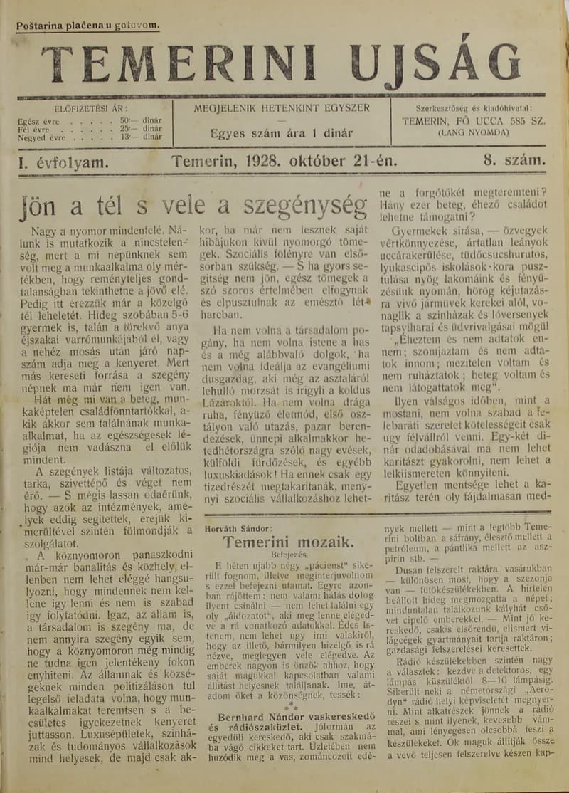 Temerini Újság 1928-1944, 1. évf. 1928. október 21. 8. sz.