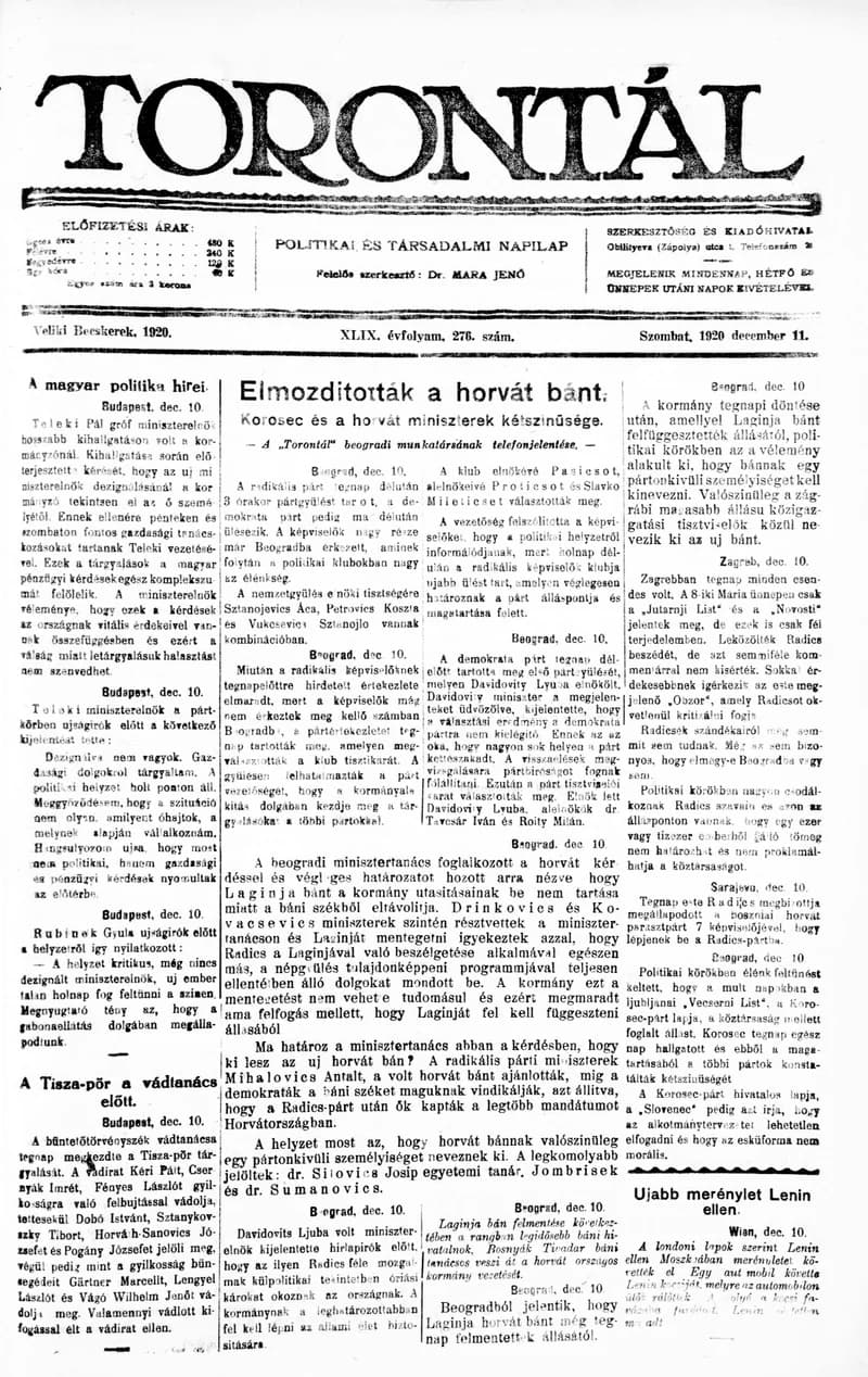 Torontál, 49. évf. 1920. december 11. 276. sz.