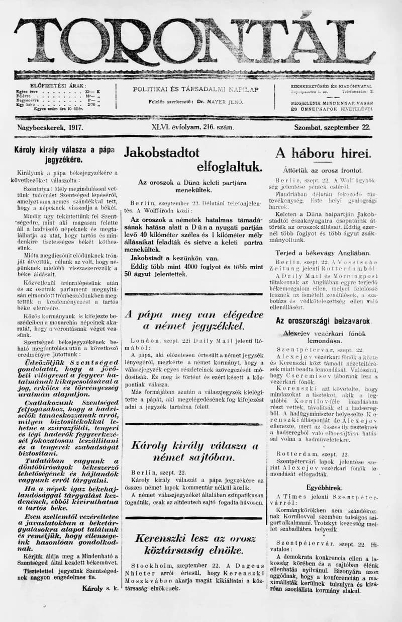 Torontál, 46. évf. 1917. szeptember 22. 216. sz.