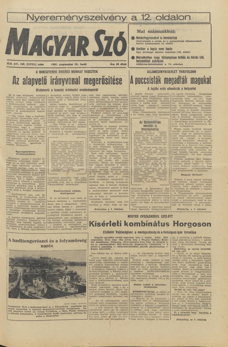 Magyar Szó, 42. évf. 1985. szeptember 10. 249. sz. 1–20. oldal