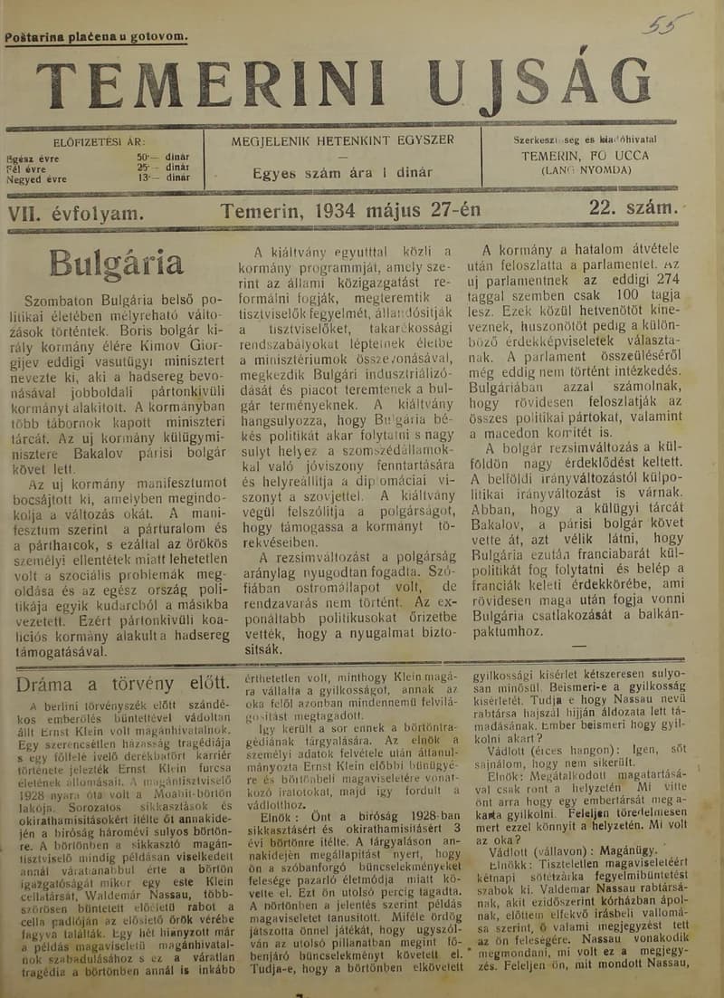 Temerini Újság 1928-1944, 7. évf. 1934. május 27. 22. sz.