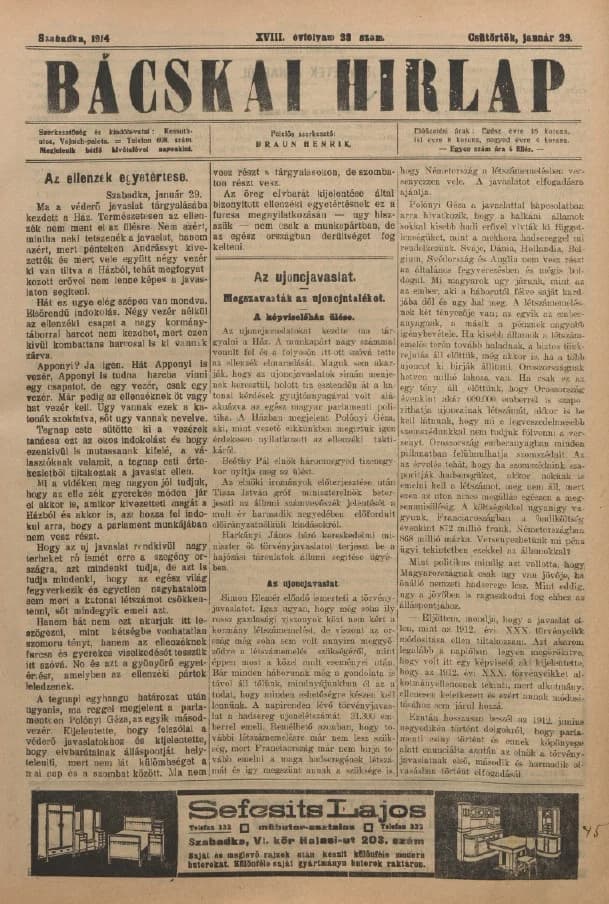Bácskai Hirlap, 18. évf. 1914. január 29. 23. sz.
