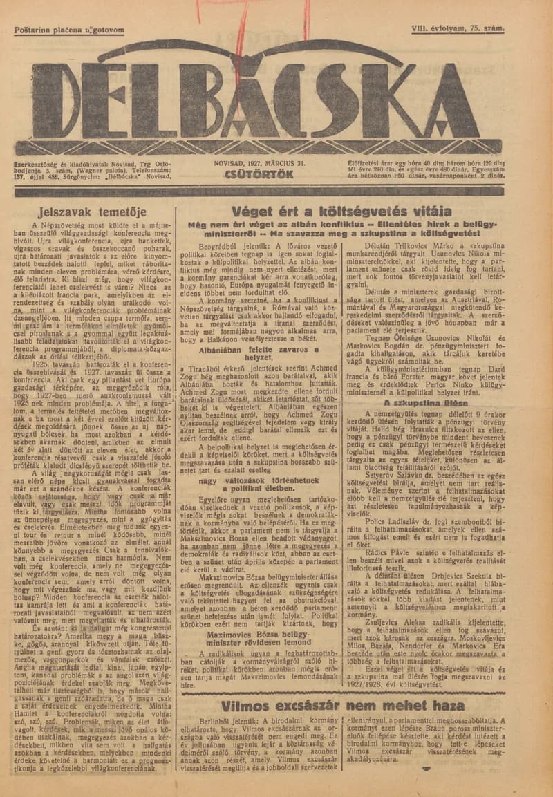 Délbácska, 8. évf. 1927. március 31. 75. sz.