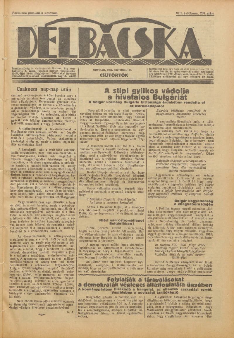 Délbácska, 8. évf. 1927. október 13. 238. sz.