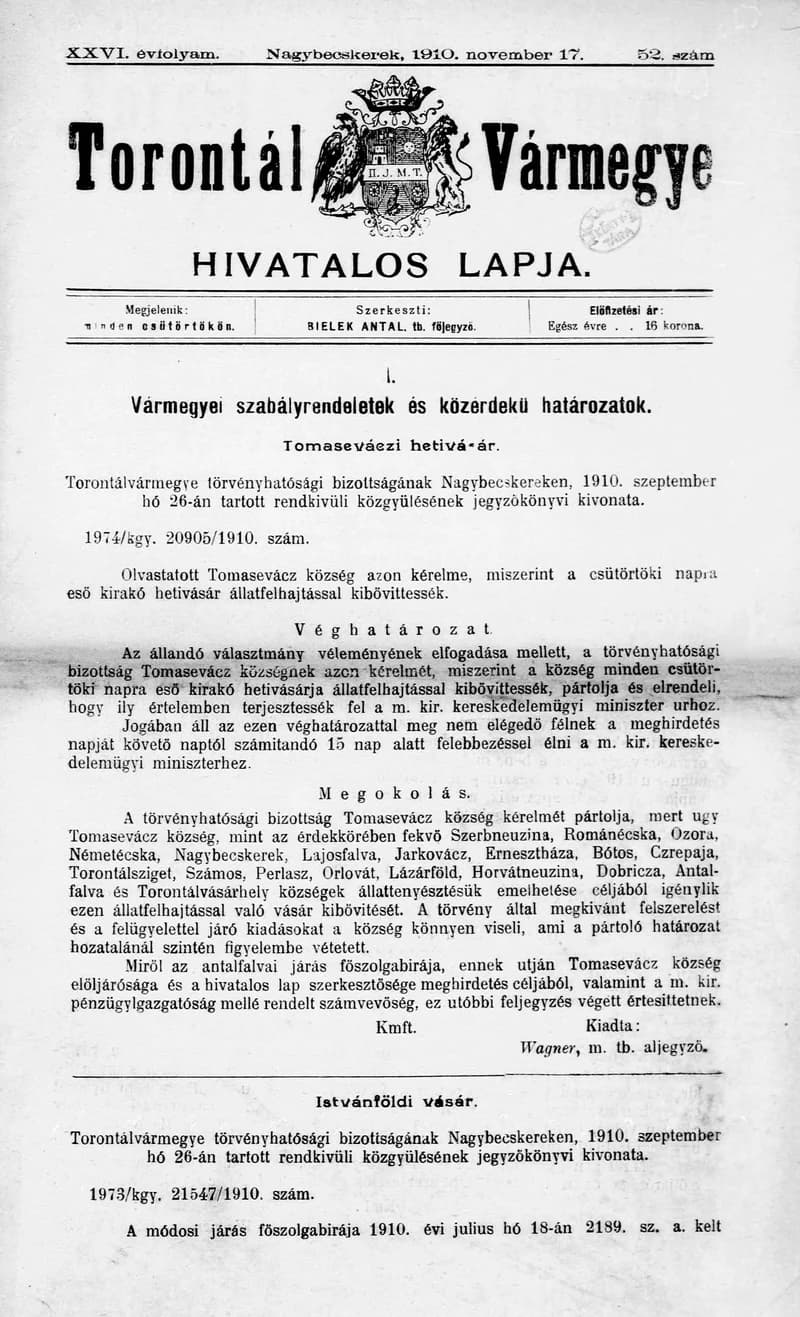 Torontál Vármegye Hivatalos Lapja, 26. évf. 1910. november 17. 52. sz.