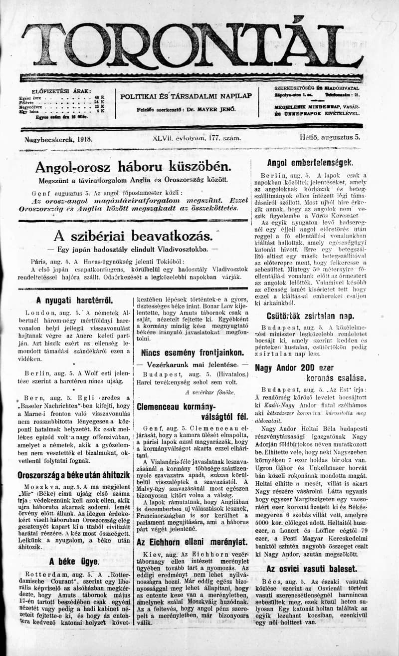Torontál, 47. évf. 1918. augusztus 5. 177. sz.