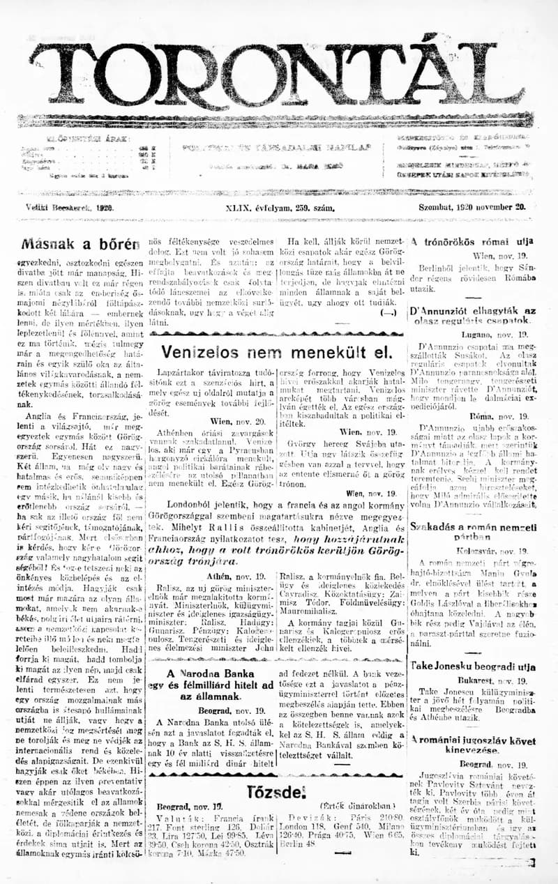 Torontál, 49. évf. 1920. november 20. 259. sz.
