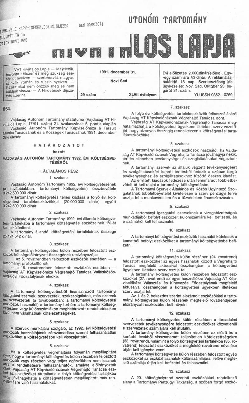 Vajdaság Szocialista Autonóm Tartomány Hivatalos Lapja, 47. évf. 1991. december 31. 29. sz.