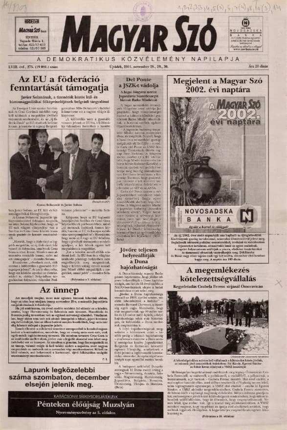 Magyar Szó, 58. évf. 2001. november 28. – 30. 275. sz. 1–16. oldal