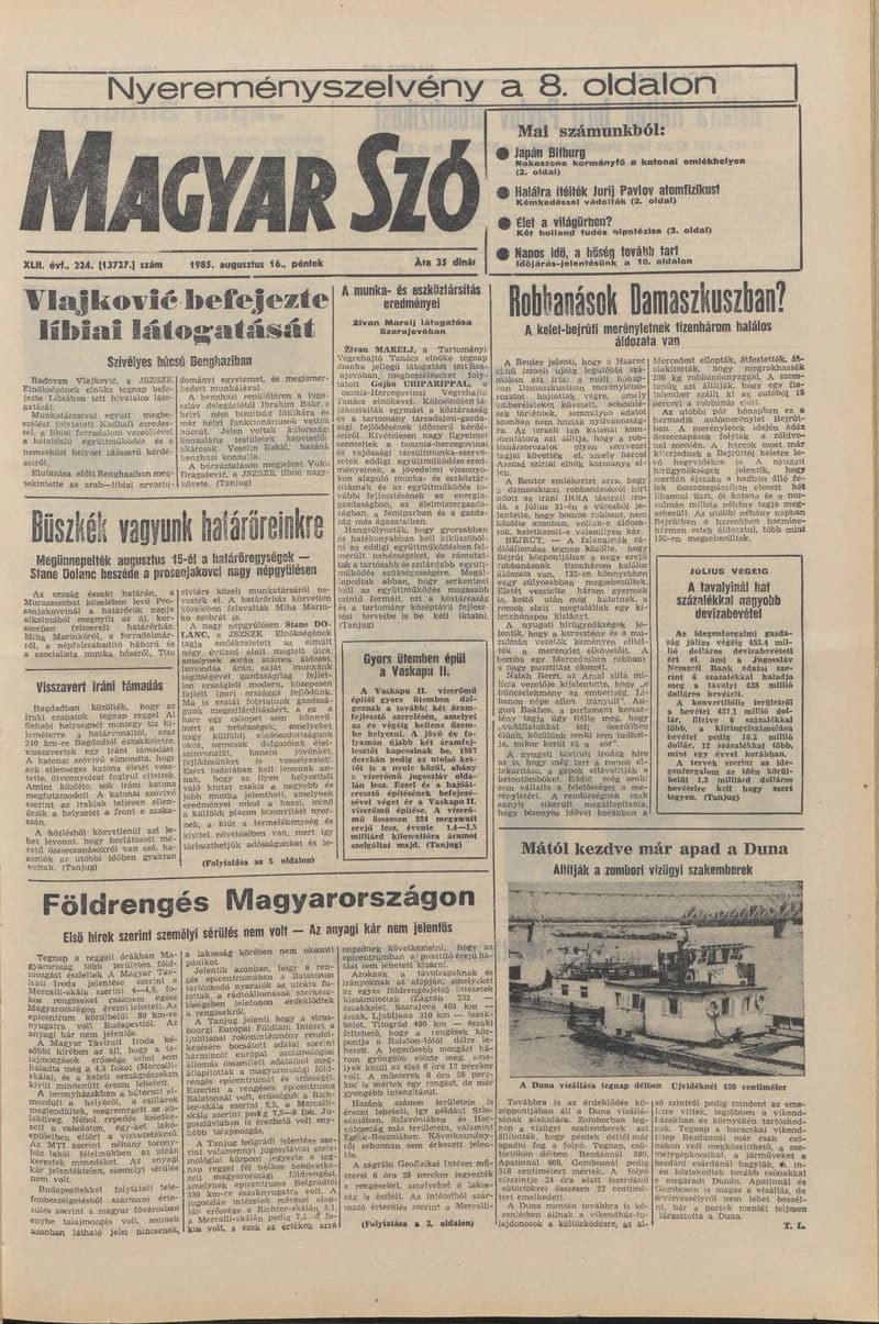 Magyar Szó, 42. évf. 1985. augusztus 16. 224. sz. 1–20. oldal