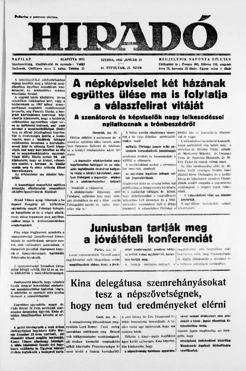 Híradó, 61. évf. 1932. január 27. 21. sz.