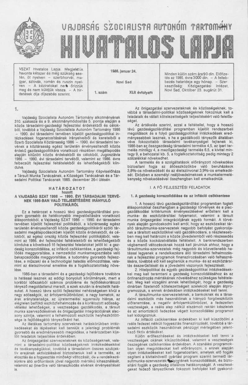 Vajdaság Szocialista Autonóm Tartomány Hivatalos Lapja, 42. évf. 1986. január 24. 1. sz.