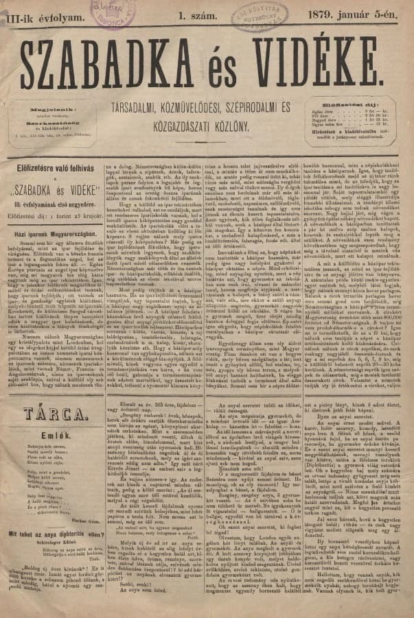 Szabadka és vidéke, 3. évf. 1879. január 5. 1. sz.