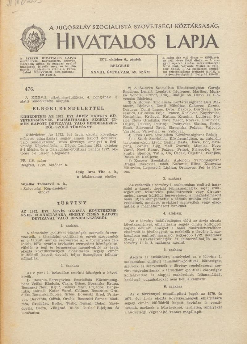 A Jugoszláv Szocialista Szövetségi Köztársaság Hivatalos Lapja, 28. évf. 1972. október 6. 53. sz. 1001–1004. oldal