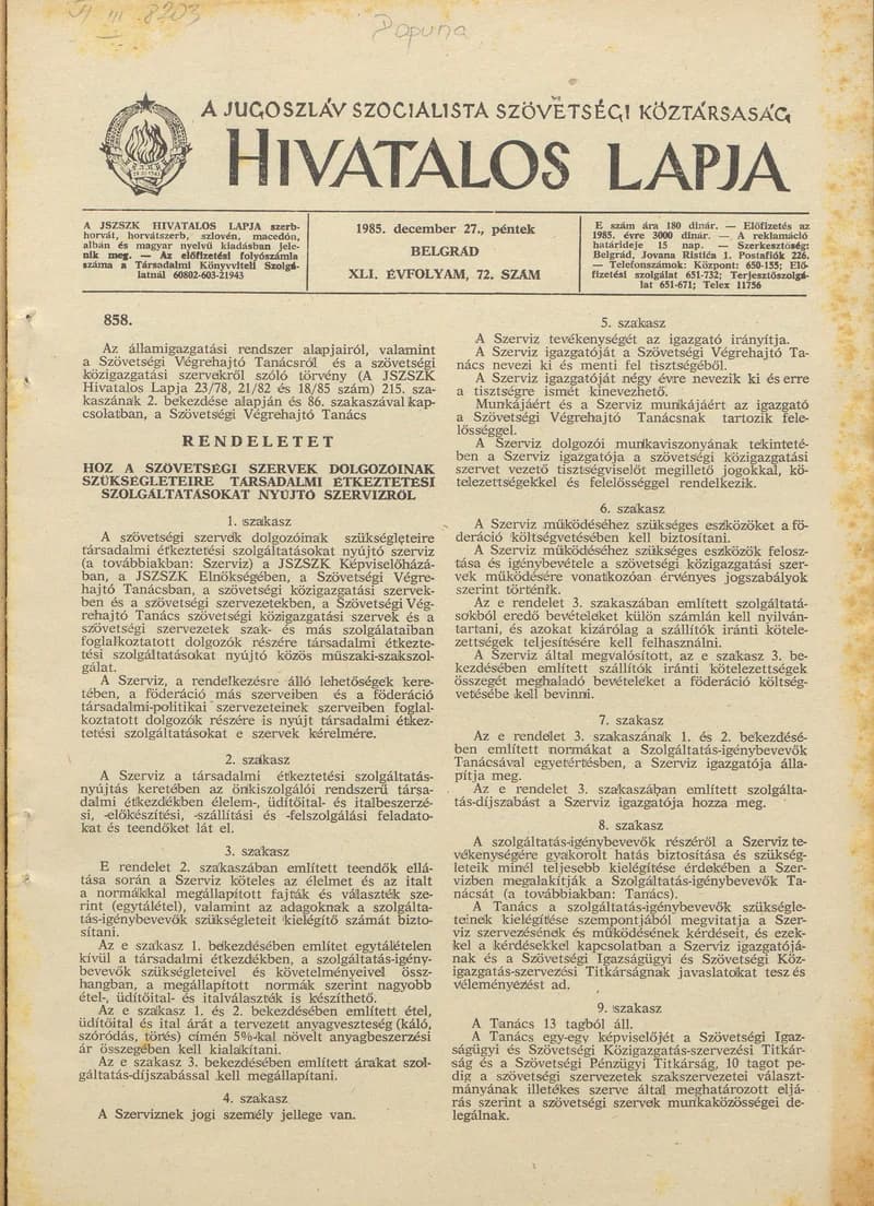 A Jugoszláv Szocialista Szövetségi Köztársaság Hivatalos Lapja, 41. évf. 1985. december 27. 72. sz. 1997–2076. oldal