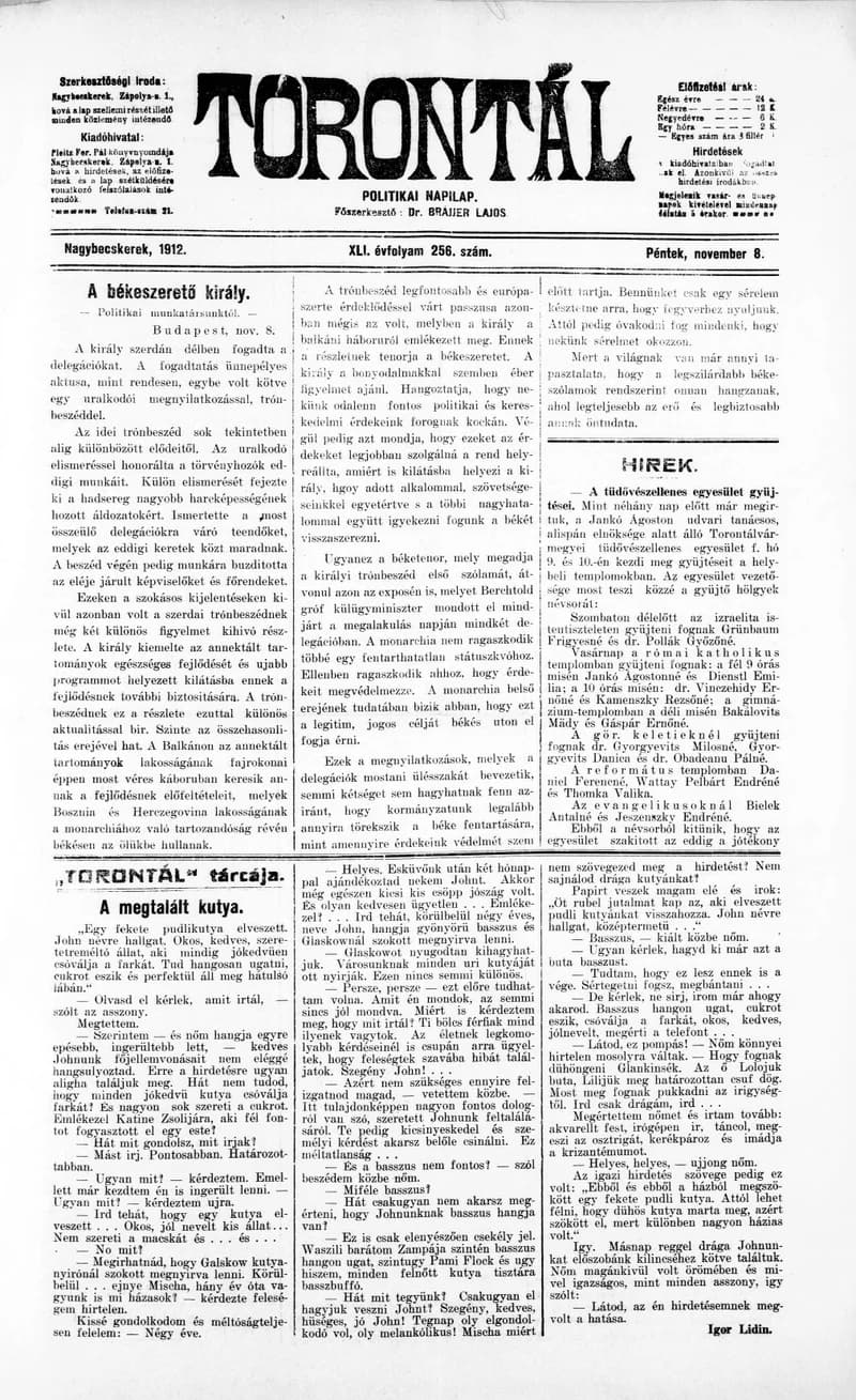 Torontál, 41. évf. 1912. november 8. 256. sz.