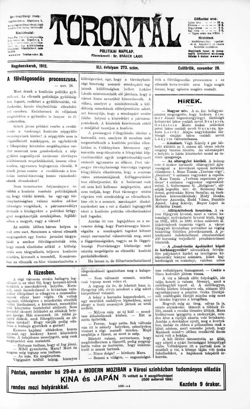 Torontál, 41. évf. 1912. november 28. 273. sz.