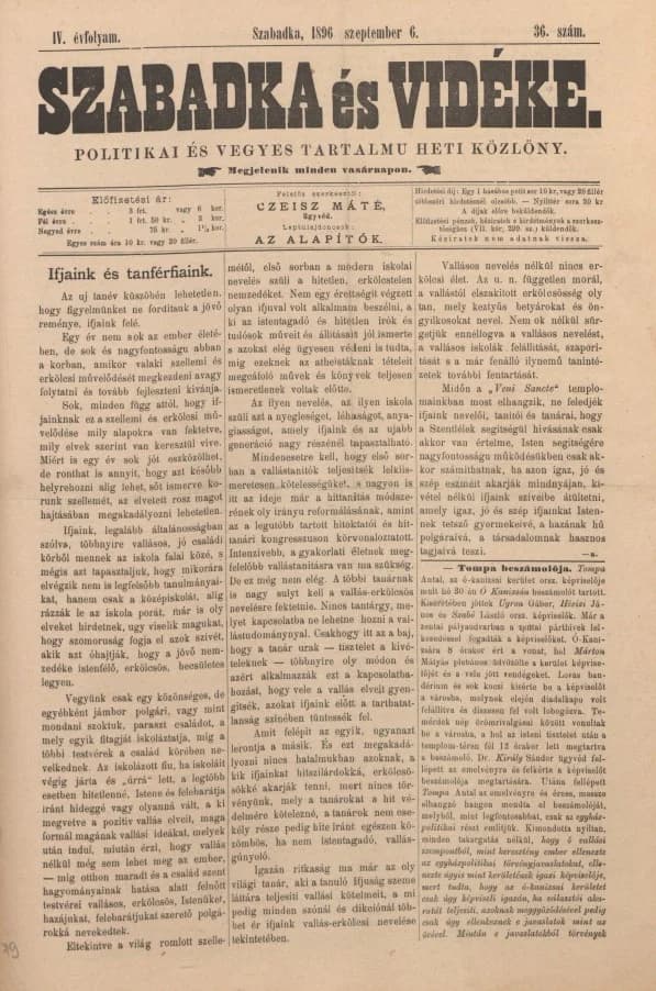 Szabadka és vidéke II, 4. évf. 1896. szeptember 6. 36. sz.