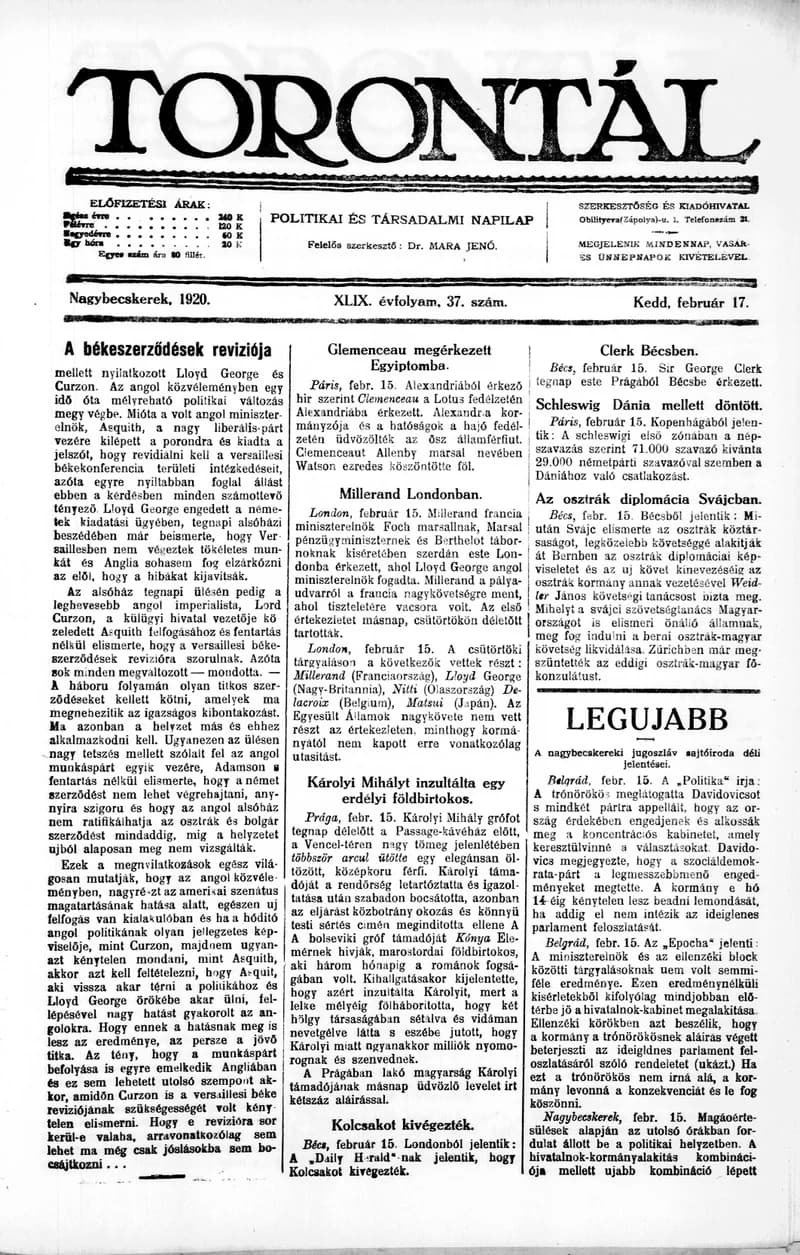 Torontál, 49. évf. 1920. február 17. 37. sz.