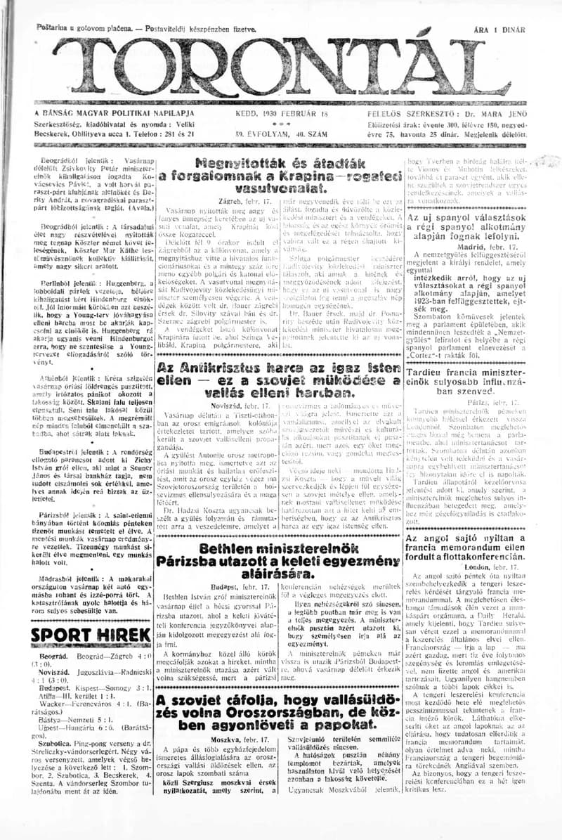 Torontál, 59. évf. 1930. február 18. 40. sz.