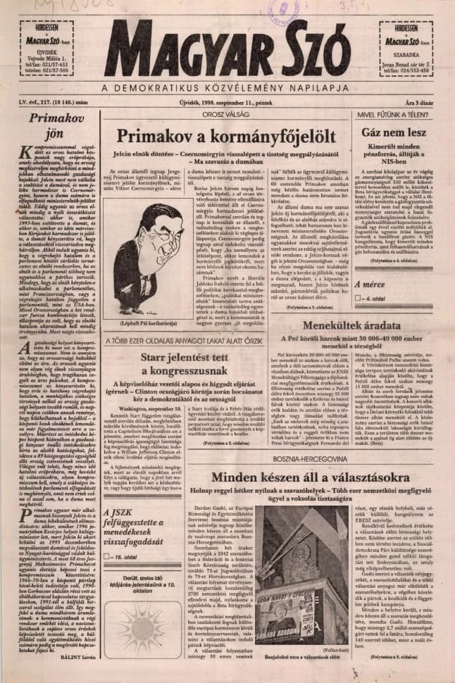 Magyar Szó, 55. évf. 1998. szeptember 11. 217. sz. 1–16. oldal