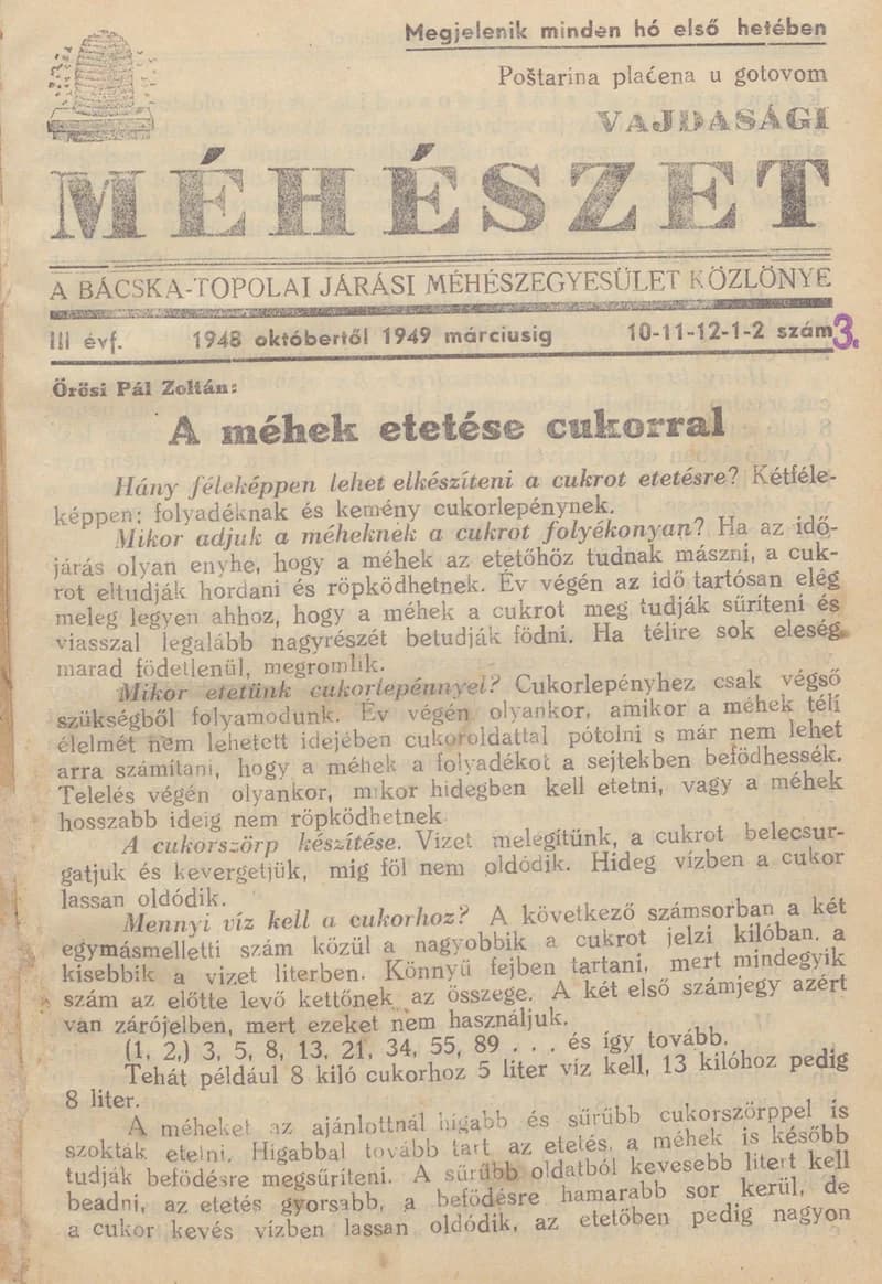 Vajdasági méhészet Bácska Topolya, 3. évf. 1948. október 1. – 1949. március 1. 10. sz.