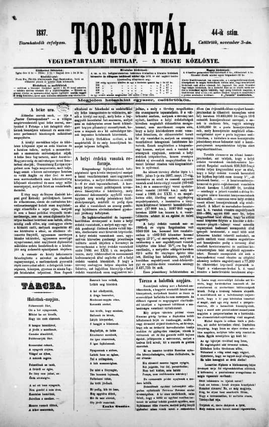 Torontál, 16. évf. 1887. november 3. 44. sz.