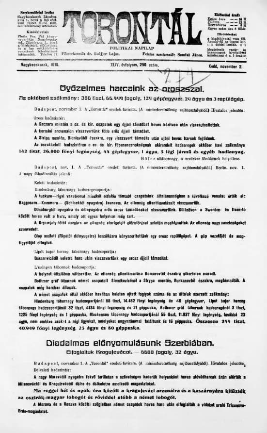 Torontál, 44. évf. 1915. november 2. 250. sz.