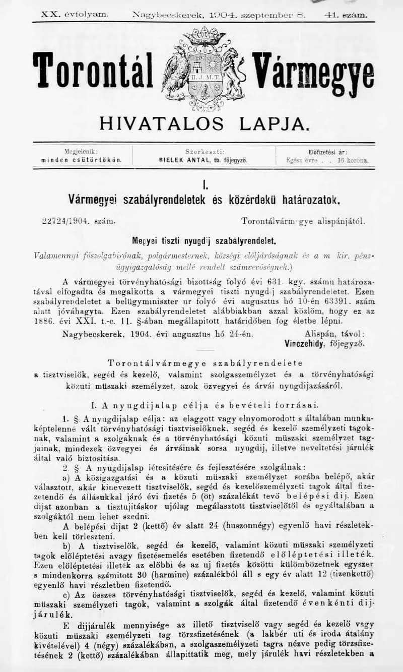 Torontál Vármegye Hivatalos Lapja, 20. évf. 1904. szeptember 8. 41. sz.