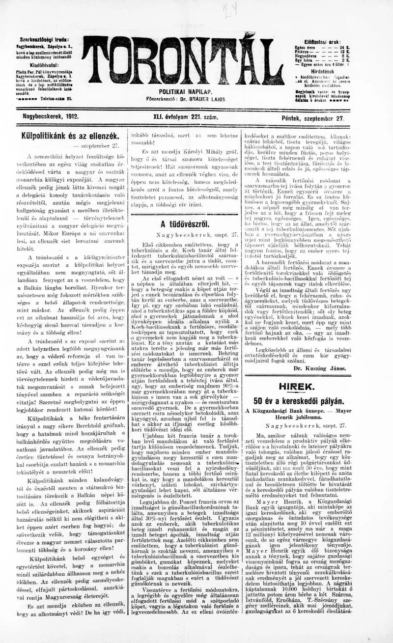Torontál, 41. évf. 1912. szeptember 27. 221. sz.