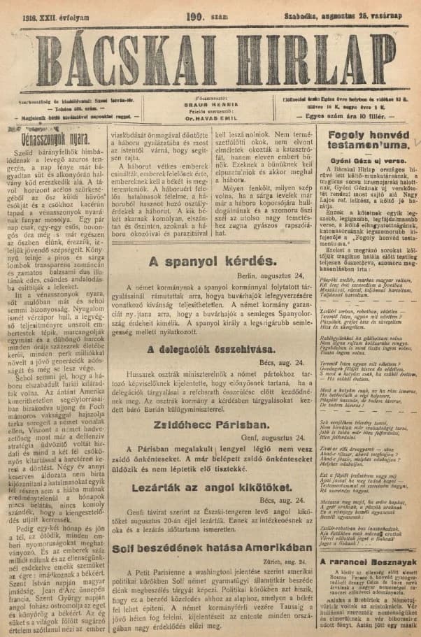 Bácskai Hirlap, 22. évf. 1918. augusztus 25. 190. sz.