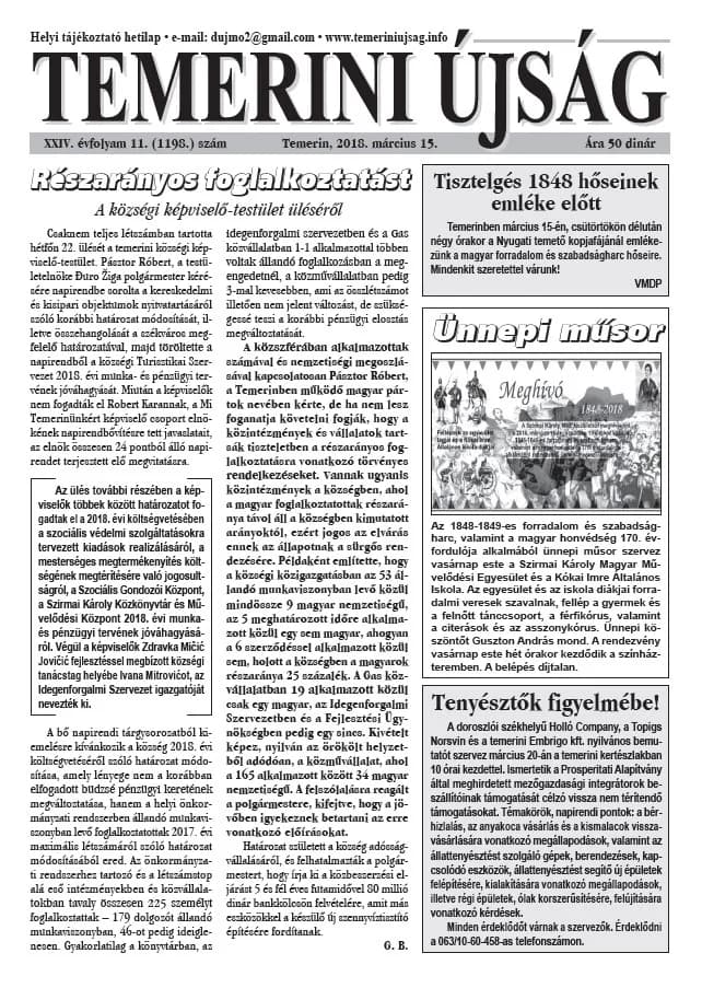 Temerini Újság, 24. évf. 2018. március 15. 11. sz.