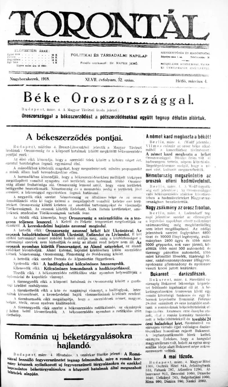 Torontál, 47. évf. 1918. március 4. 52. sz.