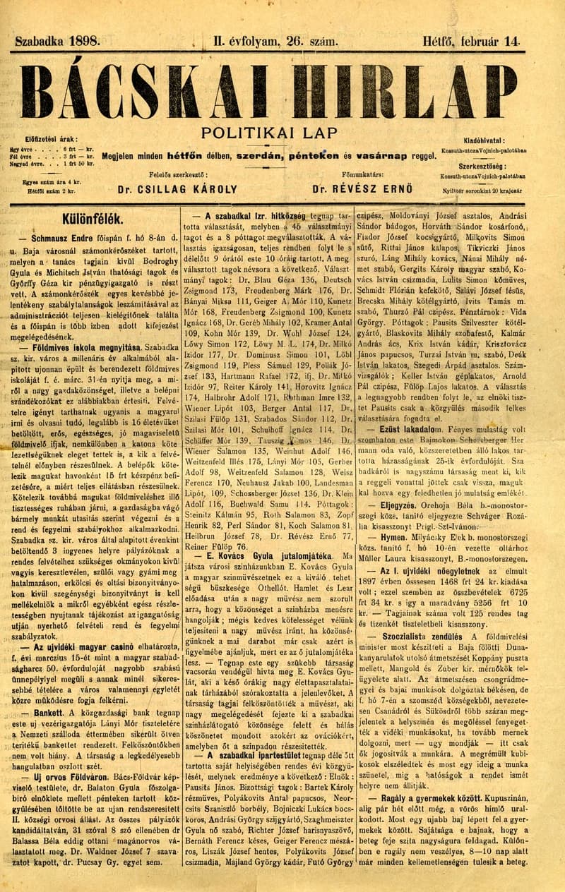 Bácskai Hirlap, 2. évf. 1898. február 14. 26. sz. 1–2. oldal