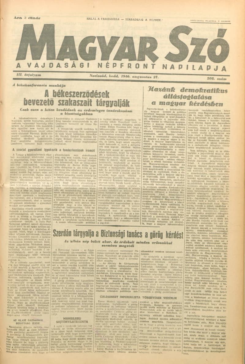Magyar Szó, 3. évf. 1946. augusztus 27. 203. sz. 1–6. oldal