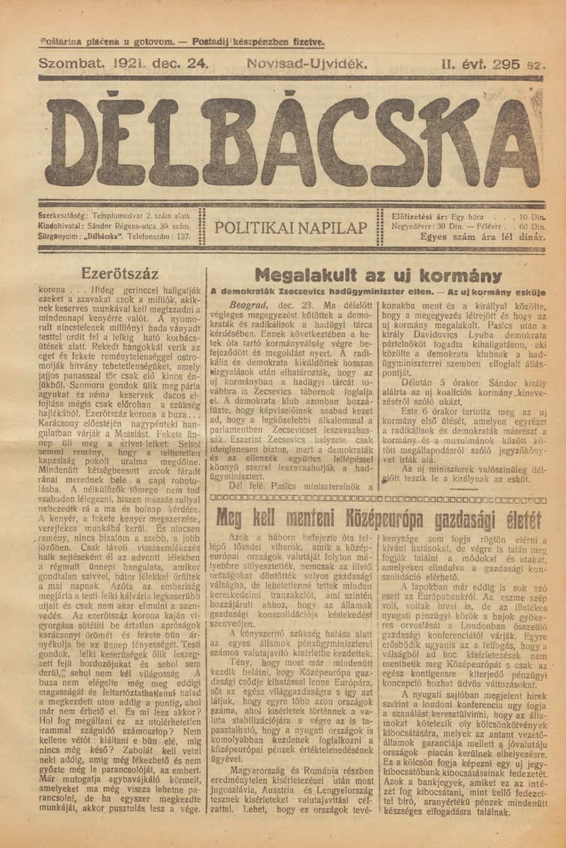Délbácska, 2. évf. 1921. december 24. 295. sz.