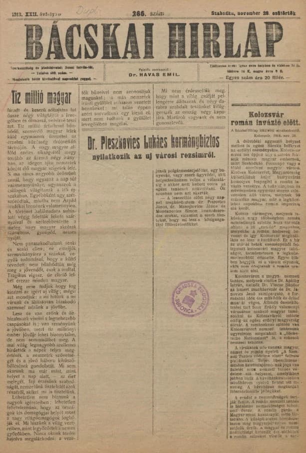 Bácskai Hirlap, 22. évf. 1918. november 28. 266. sz.