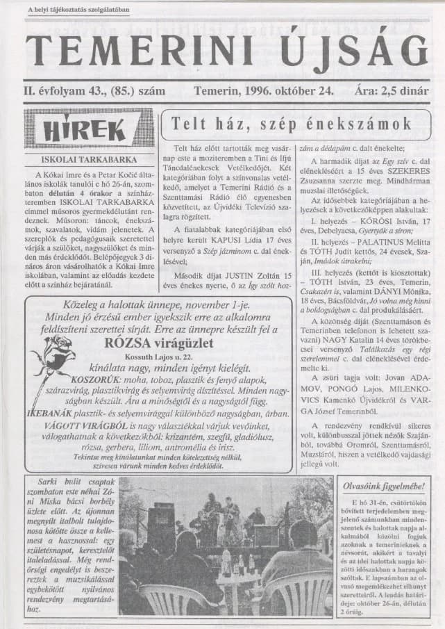 Temerini Újság, 2. évf. 1996. október 24. 43. sz.