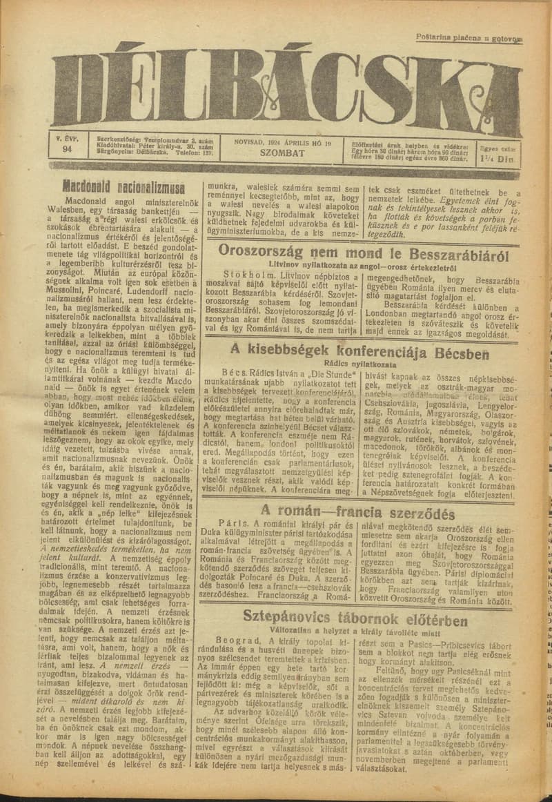 Délbácska, 5. évf. 1924. április 19. 94. sz.