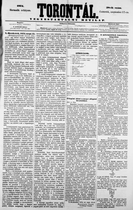 Torontál, 3. évf. 1874. szeptember 17. 38. sz.