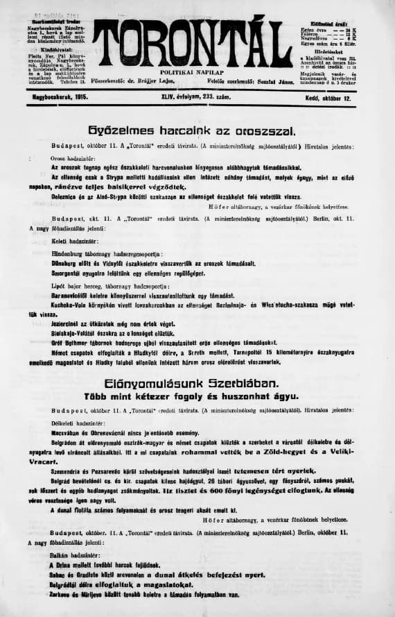 Torontál, 44. évf. 1915. október 12. 233. sz.