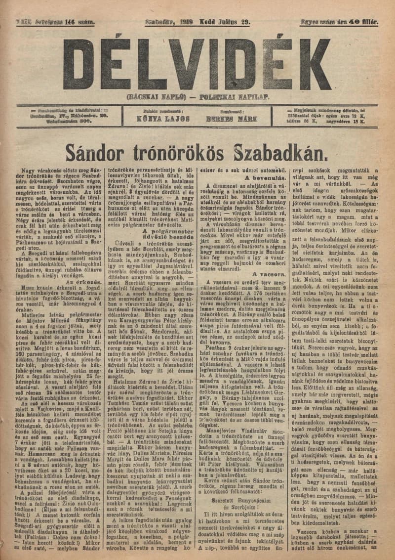 Délvidék, 13. évf. 1919. július 29. 146. sz.