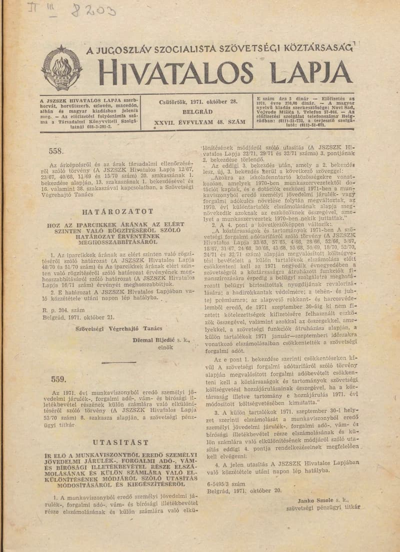 A Jugoszláv Szocialista Szövetségi Köztársaság Hivatalos Lapja, 27. évf. 1971. október 28. 48. sz. 901–908. oldal