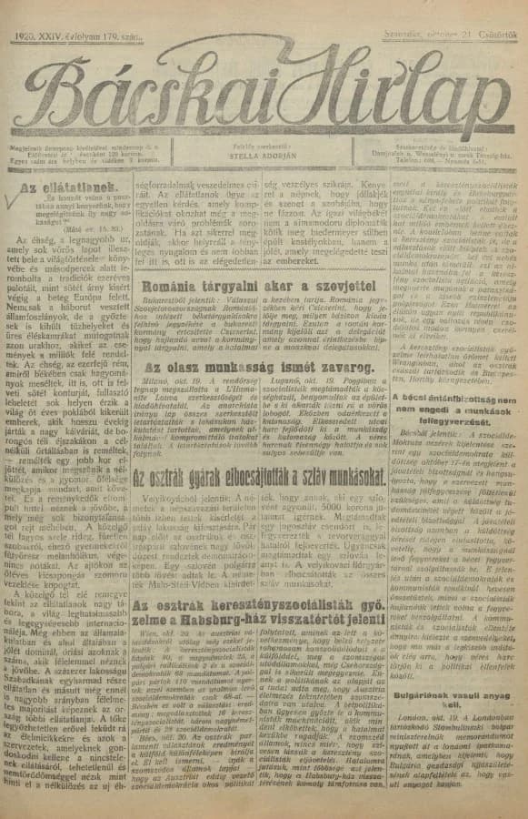 Bácskai Hirlap, 24. évf. 1920. október 21. 179. sz.