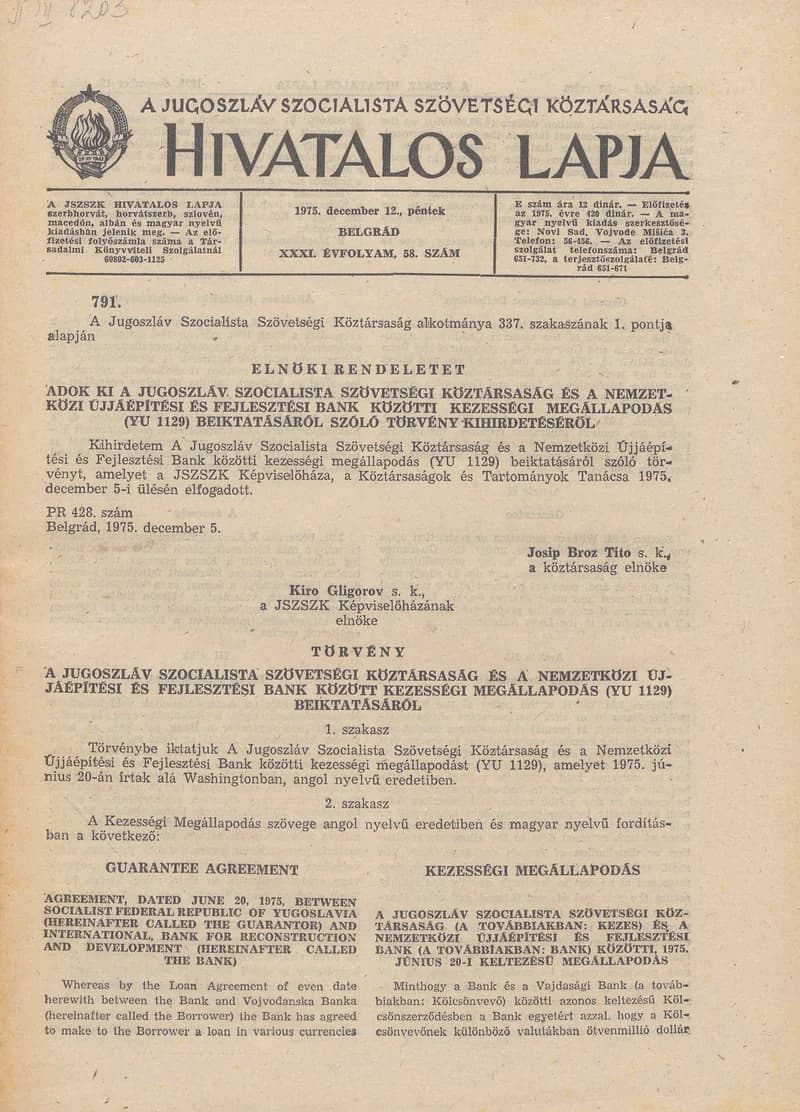 A Jugoszláv Szocialista Szövetségi Köztársaság Hivatalos Lapja, 31. évf. 1975. december 12. 58. sz. 1561–1588. oldal