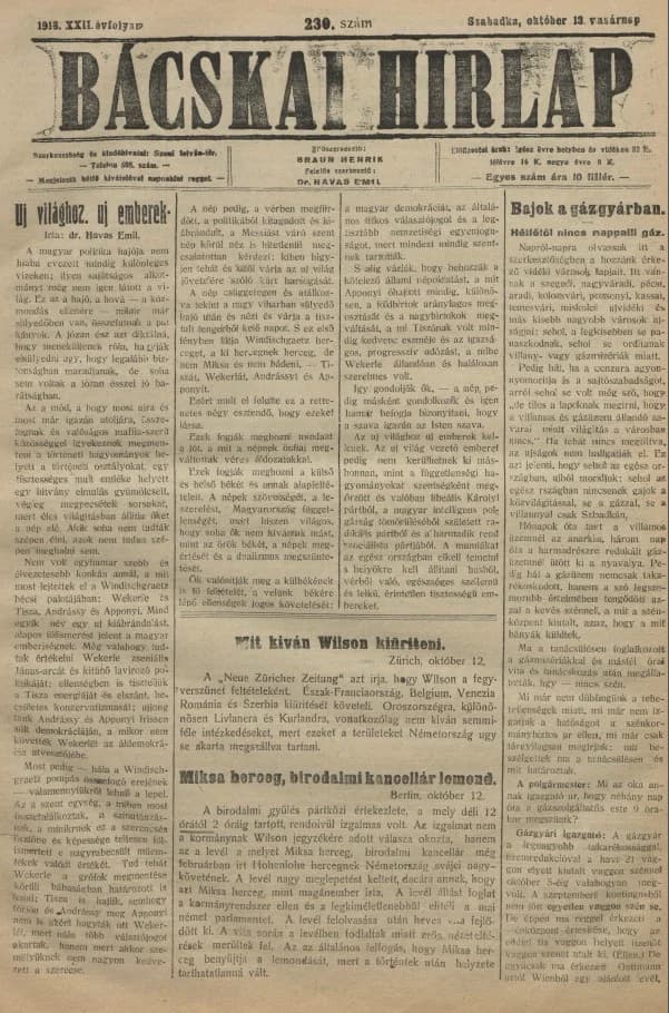Bácskai Hirlap, 22. évf. 1918. október 13. 230. sz.