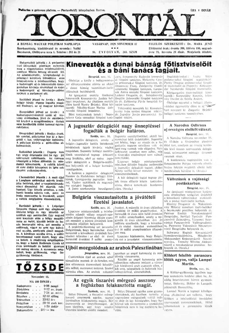 Torontál, 58. évf. 1929. november 17. 265. sz.