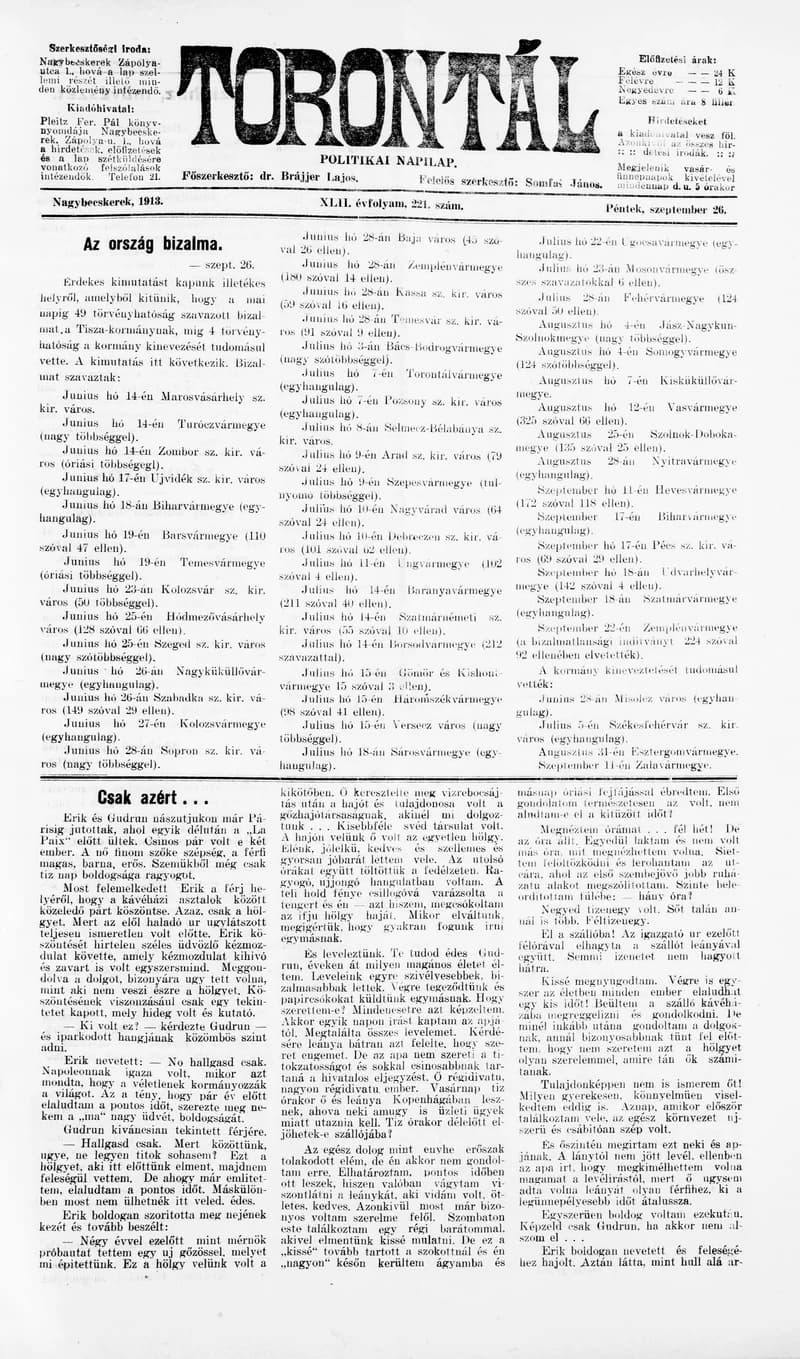 Torontál, 42. évf. 1913. szeptember 26. 221. sz.