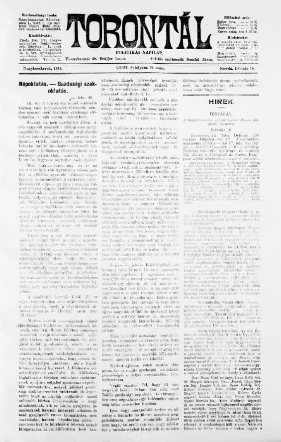 Torontál, 43. évf. 1914. február 18. 39. sz.